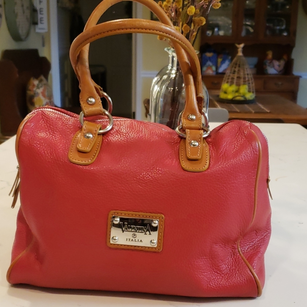 Red leather satchel with caramel leather trim